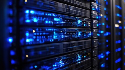 Fototapeta premium Server racks, dramatic blue LED lights create a cyberpunk vibe. Cool metallic tones, blinking lights, and blurry macro details hint at endless rows, conveying a raw digital aesthetic.