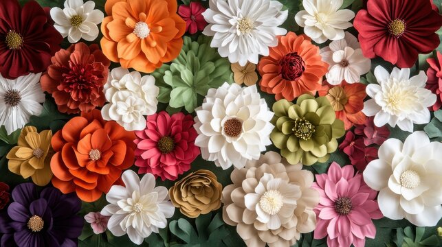 Vibrant array of handcrafted paper flowers artfully arranged in a rich tableau