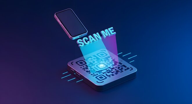3D Render Smartphone Scanning QR Code with Glowing Blue Light and 'SCAN ME' Message - Powered by Adobe