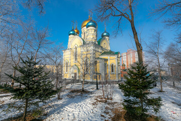 Pokrovsky Cathedral in Vladivostok in winter. Orthodox church.