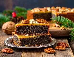 Poppy seed cake with caramel topping and pecans in a Christmas arrangement