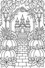 Black and White Line Art Fairy Tale Castle Coloring Page
