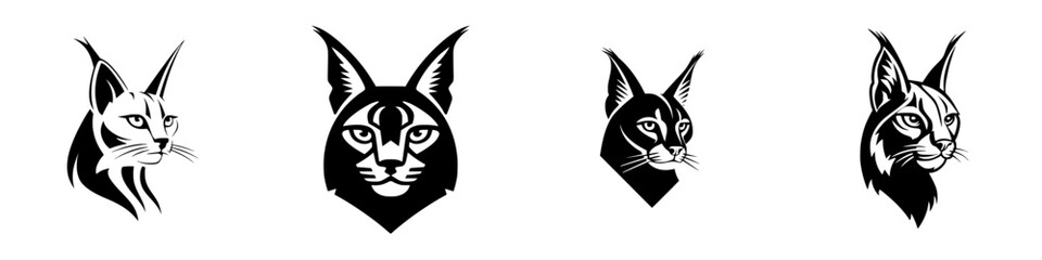 Caracal Cat Head and Profile Views Black and White Graphic, minimalist monochrome icons
