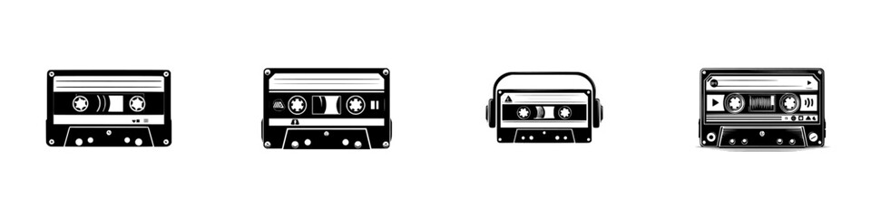 Retro audio cassette tapes collection, vintage music media, analog sound recording devices, minimalist monochrome icons