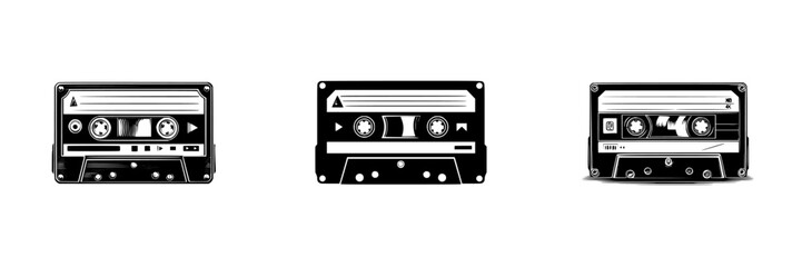 Obraz premium Retro cassette tapes for analog audio recording and music storage, minimalist monochrome icons