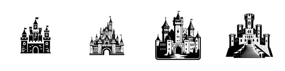 Obraz premium Fantasy Castle Silhouettes Set, minimalist monochrome icons