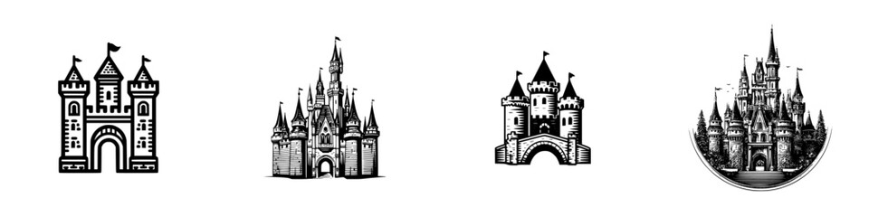 Obraz premium Fantasy fairytale castles with flags and towers, monochrome graphic elements, minimalist monochrome icons