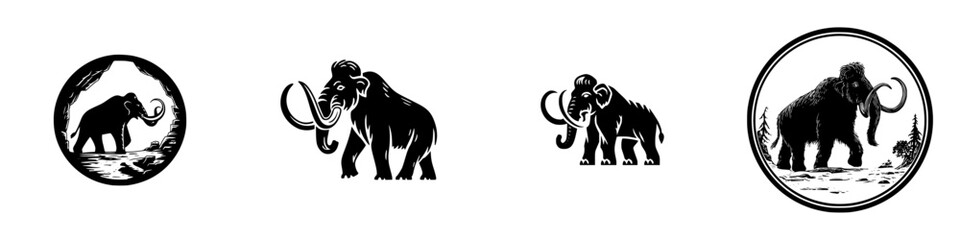 Prehistoric Mammoth Silhouettes and Icons, minimalist monochrome icons