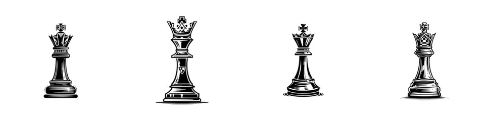Four stylized chess king pieces, black and white, isolated on white, minimalist monochrome icons