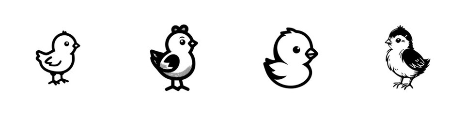 Cute cartoon chicks in various poses, simple black and white line art, minimalist monochrome icons