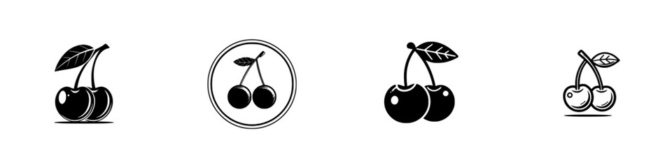 Stylized Cherry Icons with Leaves and Stems, minimalist monochrome icons
