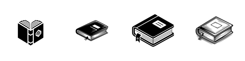 Books with Ribbons and Page Markers, minimalist monochrome icons