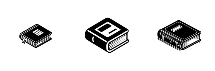 Three isometric books with black covers and white outlines on white background, minimalist monochrome icons