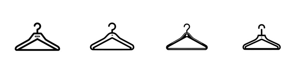 Four clothing hangers with hooks and shoulder notches, minimalist monochrome icons