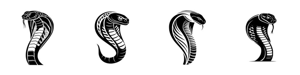 Stylized Cobra Snake Heads in Profile, minimalist monochrome icons