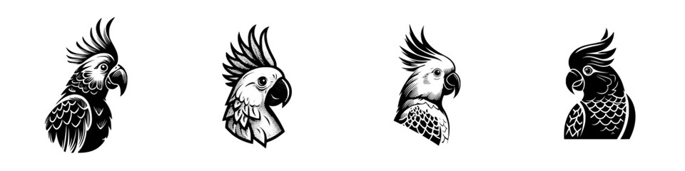 Stylized cockatoo heads in profile, black and white linework and dot shading, minimalist monochrome icons