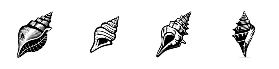 Four spiral seashells, black and white linocut style, isolated on white, minimalist monochrome icons