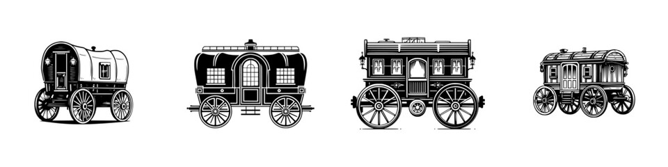 Fototapeta premium Vintage Horse-Drawn Caravans and Wagons, minimalist monochrome icons