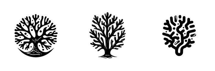 Stylized Tree and Coral Branch Icons, minimalist monochrome icons