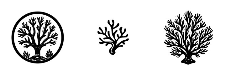 Stylized Coral Branch and Emblematic Tree Graphics, minimalist monochrome icons