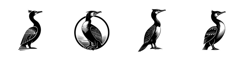 Stylized Cormorant Bird in Black and White, minimalist monochrome icons