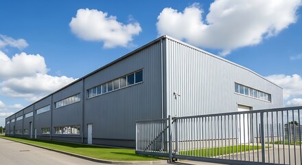 Obraz premium A large, modern industrial building with a metal exterior stands under a partly cloudy sky.