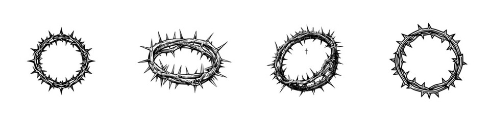 Crown of Thorns with Spikes and Cross, minimalist monochrome icons