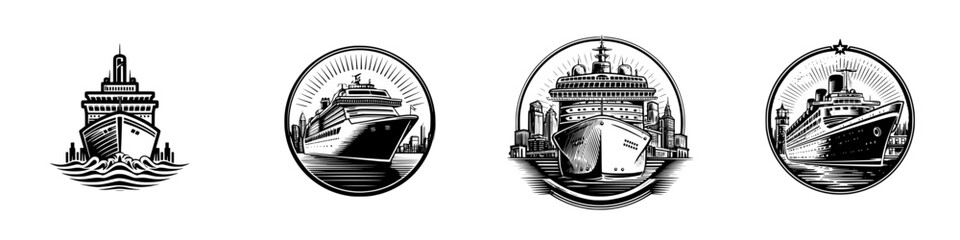 Elegant cruise ship sailing past city skyline graphic style, minimalist monochrome icons