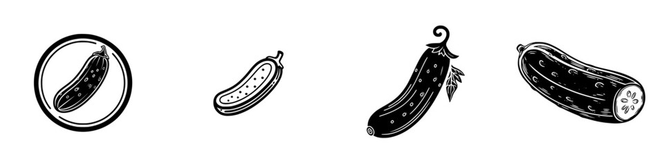 Fresh Cucumbers: Whole and Sliced Linocut Style, minimalist monochrome icons