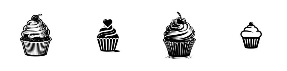 Cupcake with Swirled Frosting and Cherry, minimalist monochrome icons
