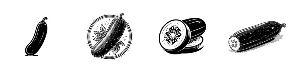 Fresh Cucumbers and Zucchini, Whole and Sliced, Line Art, minimalist monochrome icons