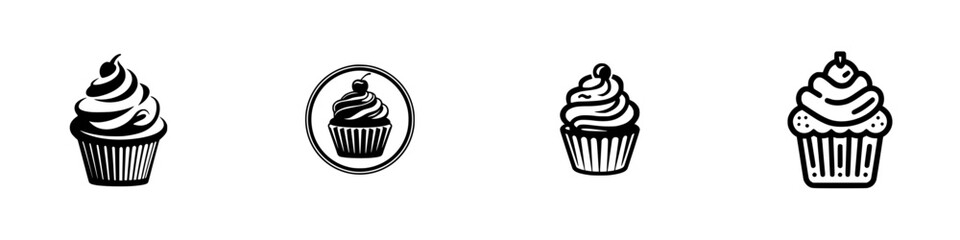 Cupcake Icons with Swirled Frosting and Cherry Topping, minimalist monochrome icons