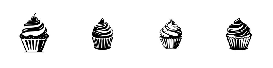 Cupcakes with Swirled Frosting and Cherry Topping, minimalist monochrome icons