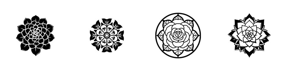 Geometric Floral Mandala Patterns Black White, minimalist monochrome icons