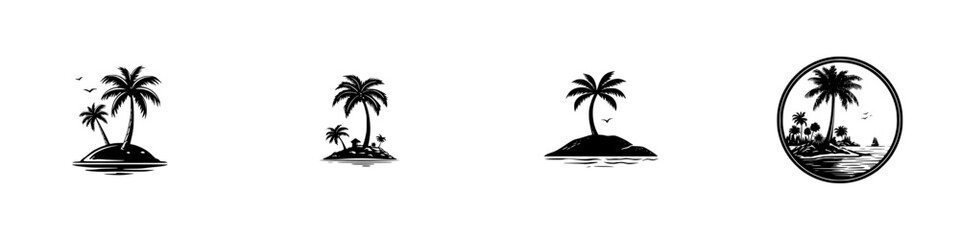 Obraz premium Tropical island paradise with palm trees and ocean waves, minimalist monochrome icons