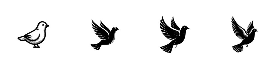 Obraz premium Stylized flying birds and dove silhouettes on white background, minimalist monochrome icons