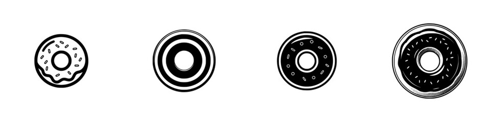 Stylized donuts with sprinkles and concentric circles, minimalist monochrome icons