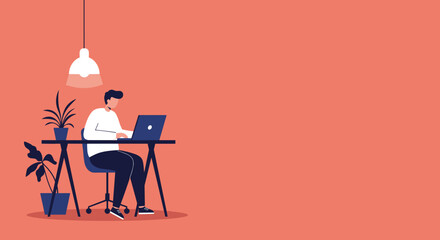 Focused man working on laptop at a modern desk with plants under a lamp. Represents remote work, online education, business, and productivity.