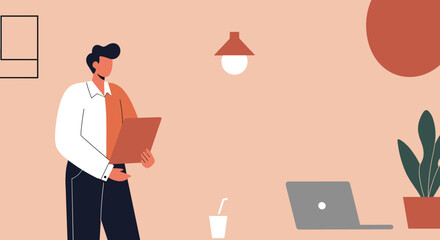 Obraz premium Modern illustration of a professional holding a tablet or document in a stylish workspace, perfect for concepts of productivity, remote work, and modern business.