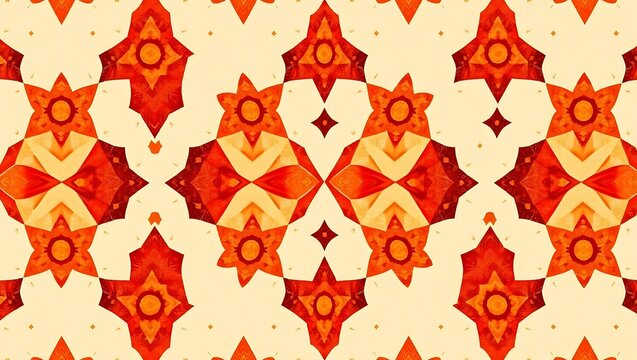 A vibrant geometric pattern composed of symmetrical star and flower shapes in shades of orange, red, and cream, creating a kaleidoscopic effect with intricate details and repeating motifs