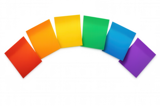 Rainbow colored sticky notes forming an arch shape on a transparent background, ideal for reminders, messages, or creative projects