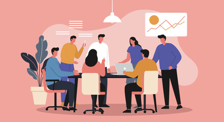 Diverse team collaborating in a modern office meeting, discussing business strategy and analyzing data. Ideal for corporate, teamwork, and innovation concepts.