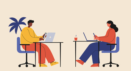 Diverse professionals focused on work using laptops and smartphones in a modern, collaborative remote or office setting, highlighting productivity and digital connectivity.