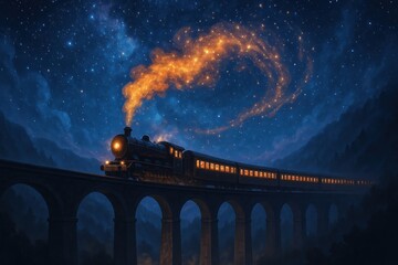 Magical train under starry sky