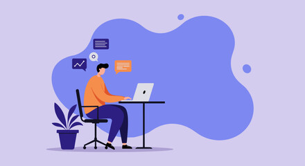 A man productively works on his laptop, managing tasks and communicating online from his home office. Ideal for concepts like remote work, freelancing, and digital business.