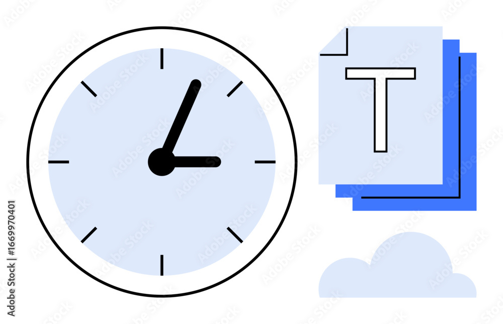 Poster clock alongside overlapping document pages and cloud element visualizes time management, digital org