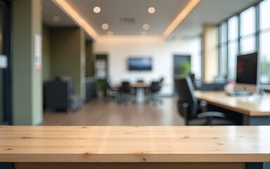 Empty desk in modern office. Wooden table with blurred background of modern office space, ideal for product placement or business concept. High quality