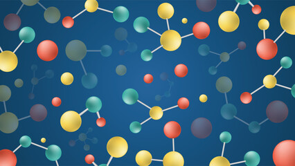 Bright abstract background with colorful molecule structures and chemistry connections on blue backdrop, ideal for science, research, and educational design themes