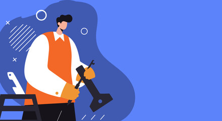 Professional cleaner or handyman at work with tools, illustrating home maintenance, commercial cleaning services, and efficient upkeep. Flat design.