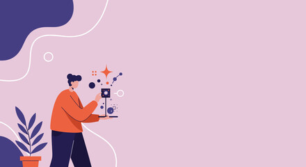 A person interacts with abstract digital elements, symbolizing innovation, data analysis, or creative problem-solving in a modern context. Ideal for technology, business, or education concepts.